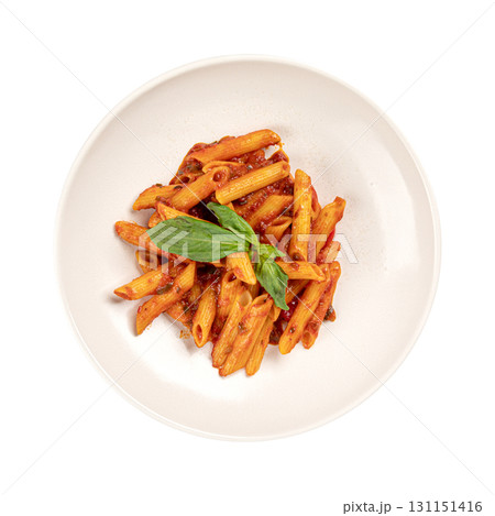 Isolated penne pasta with red sauce and basil 131151416