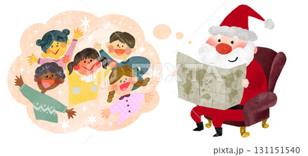 世界中の子供たちが喜ぶ姿を想像しながら地図を見ているサンタクロースのイラスト 131151540