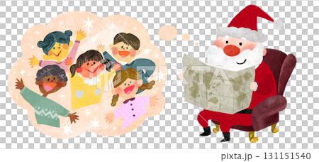 Illustration of Santa Claus looking at a map while imagining the joy of children all over the world 131151540