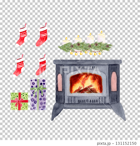 Burning fireplace, festive stockings, wrapped gifts, candles with pine garland holiday decor watercolor Christmas set. Ideal for greeting cards, posters, invitations, wrapping, seasonal designs 131152150