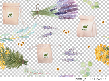 Herbal tea bags, lavender, eucalyptus, chamomile, and blue tansy flowers seamless watercolor pattern on white. Perfect for packaging, cosmetics, textile, wellness branding, eco-friendly product decor. 131152153