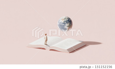 本の上に浮かぶ地球と学ぶ人のシルエット_3D 131152156