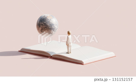 本の上に浮かぶ地球と学ぶ人のシルエット_3D 131152157
