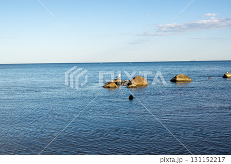 landscape of dark blue sea and clear light blue sky. 131152217