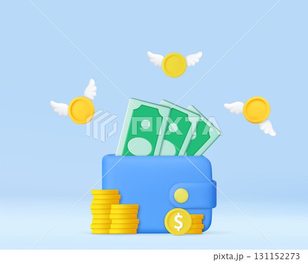 3D Wallet with Flying Coins and Wings. 131152273