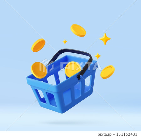 3D Shopping Basket with Coins and Sparkles 3D Shopping Basket with Coins and Sparkles 131152433