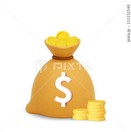 3D Gold Money Bag with Dollar Coins 3D Gold Money Bag with Dollar Coins 131152540