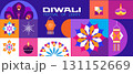 Traditional Indian festival Diwali. Happy Festival of lights Deepavali, peacock, rangoli Template  banner  Festive Burning diya background Vector abstract icon  illustration 131152669