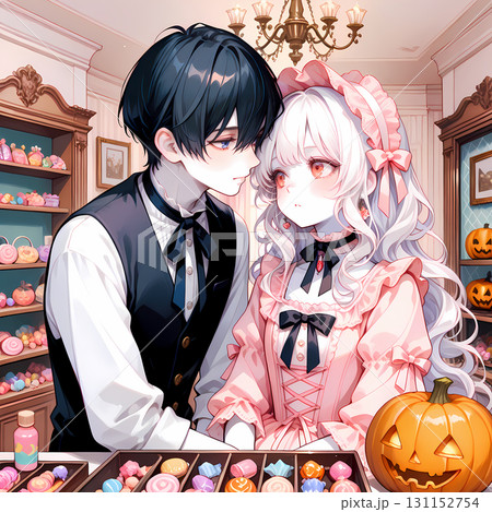 キャンディショップとカップル。アルビノの少女と碧眼の青年のハロウィン。日本の漫画風のAIイラスト 131152754