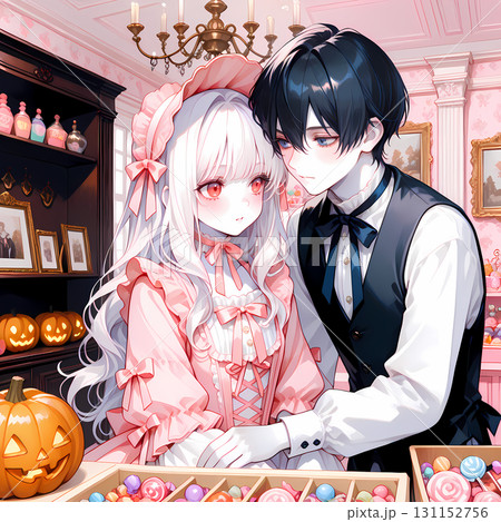 キャンディショップとカップル。アルビノの少女と碧眼の青年のハロウィン。日本の漫画風のAIイラスト 131152756