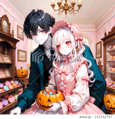キャンディショップとカップル。アルビノの少女と碧眼の青年のハロウィン。日本の漫画風のAIイラスト 131152757