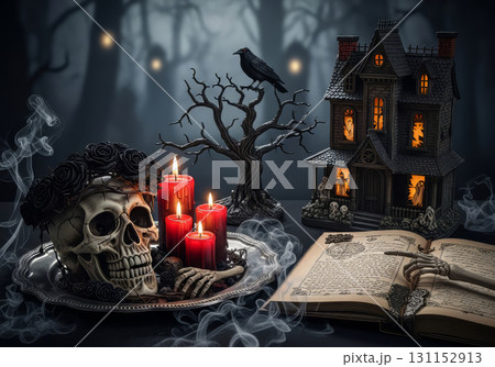 A mystical and spooky Halloween scene is set on a dark surface. 131152913