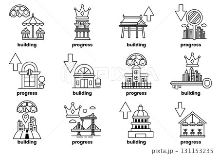 The icons include a building, a key, a coin, a ruler, a book, a house, a tree The icons include a building, a key, a coin, a ruler, a book, a house, a tree 131153235