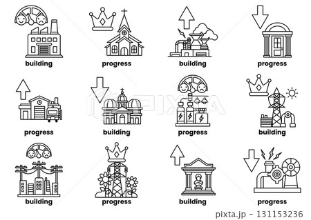 The icons include a building, a key, a coin, a ruler, a book, a house, a tree 131153236