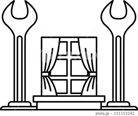 A black and white drawing of a window with a pair of wrenches on either side 131153242