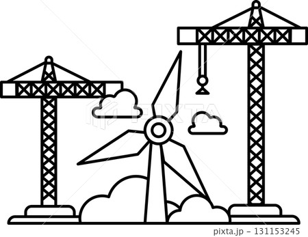 A wind turbine is shown in the foreground of a construction site A wind turbine is shown in the foreground of a construction site 131153245