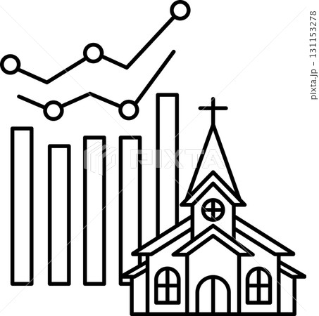 A church is shown next to a graph with a downward trend A church is shown next to a graph with a downward trend 131153278