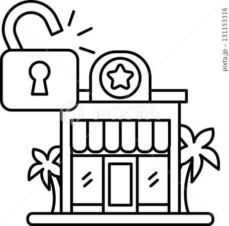 A black and white drawing of a store with a lock on the door 131153316