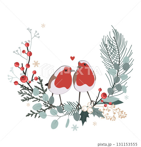 Floral Christmas wreath frame with cute robins couple. Winter foliage decoration, Xmas card. Vector isolated illustration 131153555