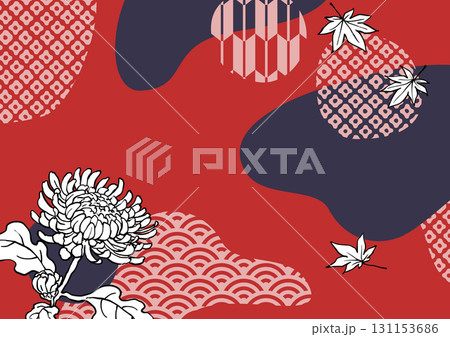 菊と紅葉の和モダン赤色背景素材 131153686