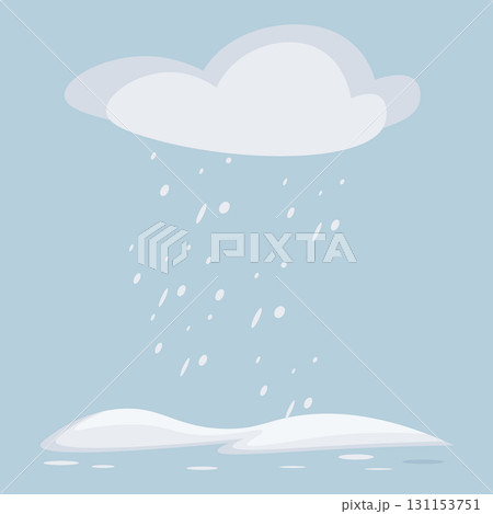 Winter snow background. Christmas classic holiday flat vector illustration in blue colors. Falling snowflakes, clouds and snowdrifts. Season festive postcard, banner, poster 131153751