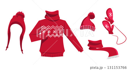 Winter Christmas clothes vector illustration set. Red-white knitted sweater, scarf, hats, mittens. Xmas themed garments. Warm footwear and headwear for cold weather protection 131153766