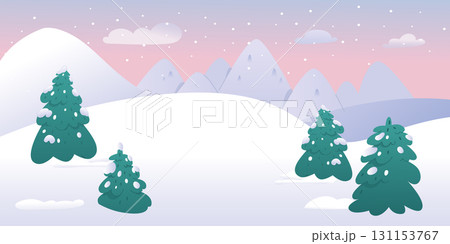 Winter mountains landscape in snowy weather. Nature scene with snowy hills, clouds and falling snow. Cartoon vector background for ski resort, park, hotel, touristic agency 131153767