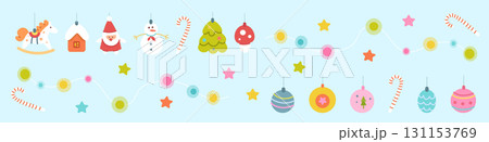 Christmas tree ornaments set. New year decoration collection isolated on blue background. Colorful Xmas balls, garland, candy. Vector pattern for season greetings, card, social banner 131153769