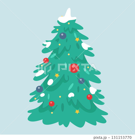 Decorated Christmas tree isolated on blue. New year celebration vector illustration. Beautiful fire with toys, glowing garland decoration on merry Xmas tree at holiday event 131153770
