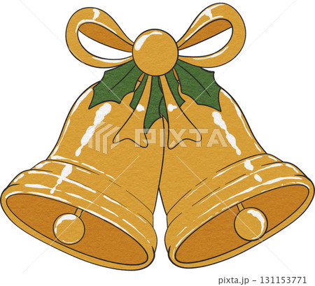 Festive golden Christmas bells, perfect for holiday decorations and seasonal artwork. 131153771