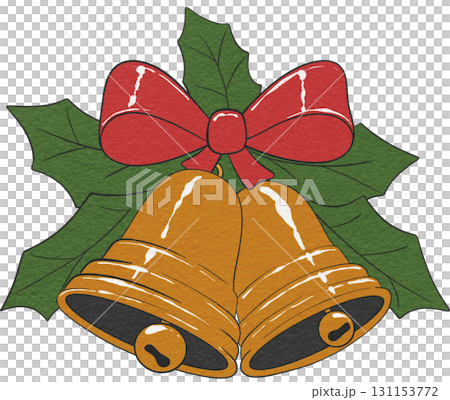 Festive golden Christmas bells, perfect for holiday decorations and seasonal artwork. 131153772