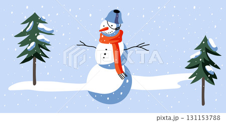 Snowman in winter snowy park with green trees. Christmas landscape vector illustration. Cartoon snowscape scene with frozen fir trees, snowdrifts and cute snowman wearing red scarf 131153788