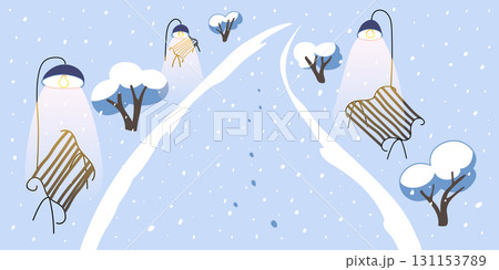 Winter snow city park with benches, trees and lanterns. Winter landscape. Season greetings card background. Colorful flat vector illustration 131153789