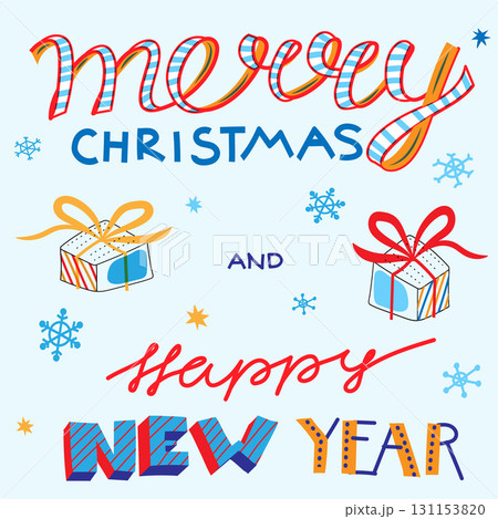Merry Christmas and Happy New Year festive greeting with colorful letters and gift boxes on light blue background. Holiday season celebration design. Festive vector illustration Merry Christmas and Happy New Year festive greeting with colorful letters and gift boxes on light blue background. Holiday season celebration design. Festive vector illustration 131153820
