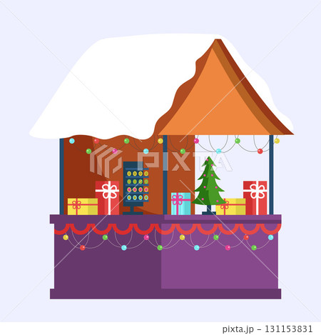 Christmas market stall with snow-covered roof. December fair. Decorated with string lights, gift boxes, and festive garlands. Outdoor holiday shops. Cartoon vector illustration Christmas market stall with snow-covered roof. December fair. Decorated with string lights, gift boxes, and festive garlands. Outdoor holiday shops. Cartoon vector illustration 131153831