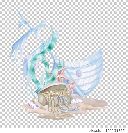 A sunken pirate ship with a treasure chest. Isolated watercolor illustration in a fairytale style for children's interiors, cosmetics, clothing prints, and themed party designs. 131153835