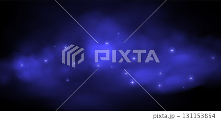 Night starry sky background. Dark sky with glowing blue nebula and sparkling stars on dark backdrop. Cosmic, fantasy, sci-fi, celestial-themed design. Abstract vector illustration 131153854