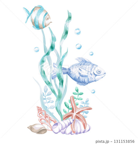 Two fish in seaweed with shells and a starfish. Isolated watercolor illustration in a fairytale style for children's interiors, cosmetics, clothing prints, and themed party designs. Two fish in seaweed with shells and a starfish. Isolated watercolor illustration in a fairytale style for children's interiors, cosmetics, clothing prints, and themed party designs. 131153856