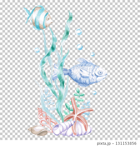 Two fish in seaweed with shells and a starfish. Isolated watercolor illustration in a fairytale style for children's interiors, cosmetics, clothing prints, and themed party designs. Two fish in seaweed with shells and a starfish. Isolated watercolor illustration in a fairytale style for children's interiors, cosmetics, clothing prints, and themed party designs. 131153856