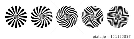 Black and white spiral illusion background. Circus backdrop. Abstract hypnotic radial patterns with optical distortion and twisted vortex effect. Dynamic graphic vector illustrations set 131153857