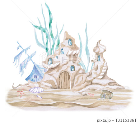 A fairytale underwater castle against the backdrop of a sunken ship. An isolated watercolor illustration in a fairytale style for children's interiors, cosmetics, clothing prints and themed holidays. A fairytale underwater castle against the backdrop of a sunken ship. An isolated watercolor illustration in a fairytale style for children's interiors, cosmetics, clothing prints and themed holidays. 131153861