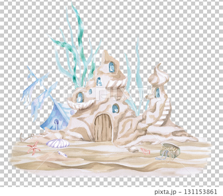 A fairytale underwater castle against the backdrop of a sunken ship. An isolated watercolor illustration in a fairytale style for children's interiors, cosmetics, clothing prints and themed holidays. A fairytale underwater castle against the backdrop of a sunken ship. An isolated watercolor illustration in a fairytale style for children's interiors, cosmetics, clothing prints and themed holidays. 131153861