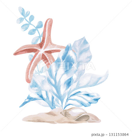 Blue seaweed with a starfish in the sand. Isolated watercolor illustration in a fairytale style for children's interiors, cosmetics, clothing prints, card designs, and themed holidays. 131153864