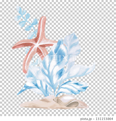Blue seaweed with a starfish in the sand. Isolated watercolor illustration in a fairytale style for children's interiors, cosmetics, clothing prints, card designs, and themed holidays. 131153864