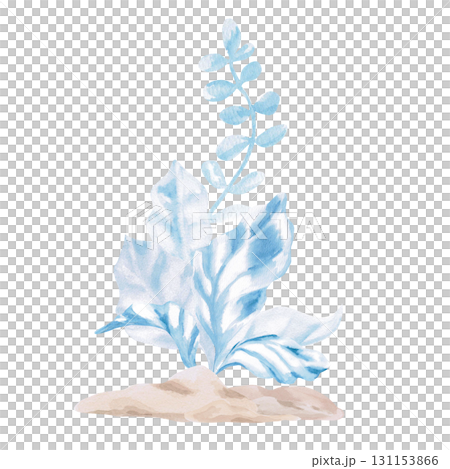 Blue seaweed in the sand. Isolated watercolor illustration in a fairytale style for children's interiors, cosmetics, clothing prints, card designs, and themed holidays. 131153866