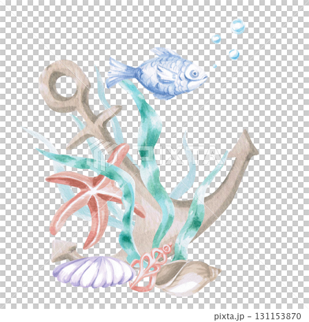 Seaweed with shells, a starfish, an anchor, and a fish. Isolated watercolor illustration in a fairytale style for children's interiors, cosmetics, clothing prints, card designs, and themed holidays. Seaweed with shells, a starfish, an anchor, and a fish. Isolated watercolor illustration in a fairytale style for children's interiors, cosmetics, clothing prints, card designs, and themed holidays. 131153870