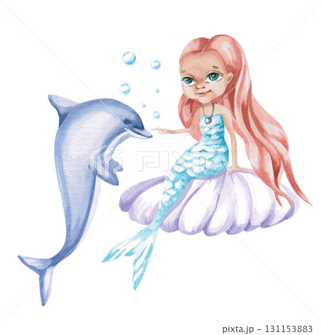 A red-haired mermaid on a shell with a cheerful dolphin. Isolated watercolor illustration of a fairytale character for children's interiors, cosmetics, clothing prints, and themed party designs. 131153883