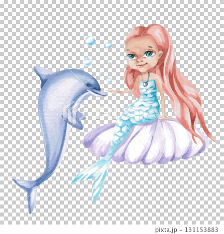 A red-haired mermaid on a shell with a cheerful dolphin. Isolated watercolor illustration of a fairytale character for children's interiors, cosmetics, clothing prints, and themed party designs. A red-haired mermaid on a shell with a cheerful dolphin. Isolated watercolor illustration of a fairytale character for children's interiors, cosmetics, clothing prints, and themed party designs. 131153883