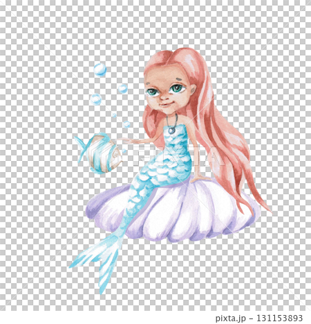 A red-haired mermaid on a shell with a fish. Isolated watercolor illustration of a fairytale character for children's interiors, cosmetics, clothing prints, greeting card designs, and themed holidays. 131153893