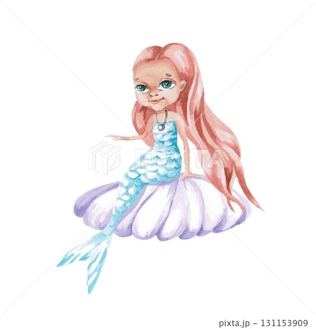 A red-haired mermaid on a shell. Isolated watercolor illustration of a fairytale character for children's interiors, cosmetics, clothing prints, greeting card designs, and themed holidays. 131153909